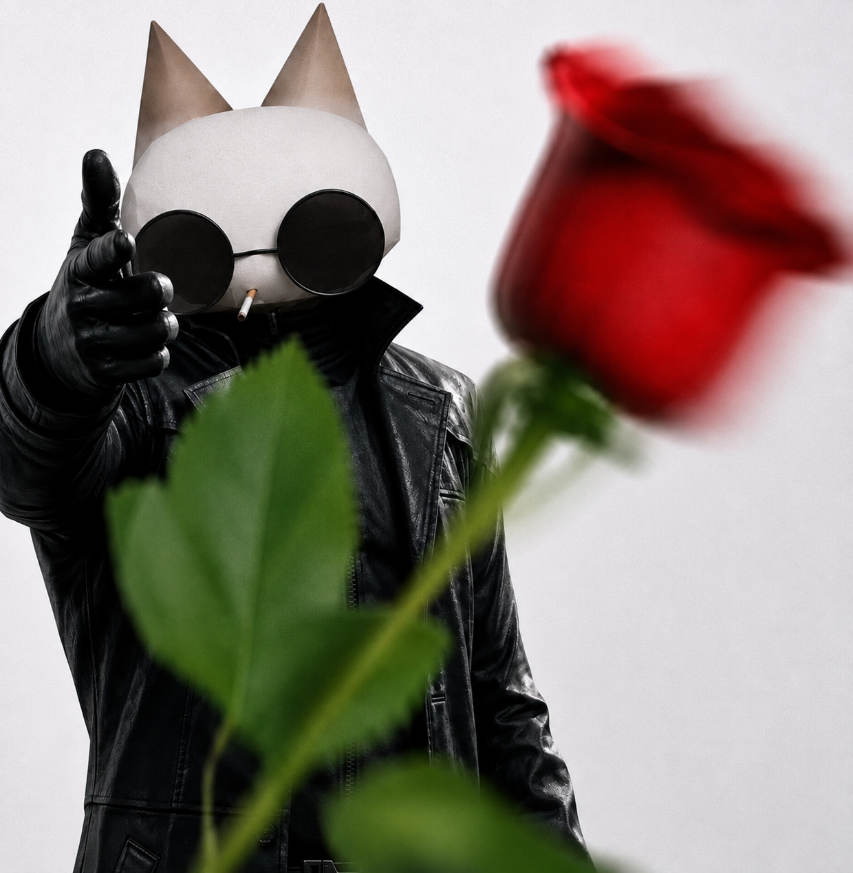 Wisker in black leather gloves, extending a red rose.