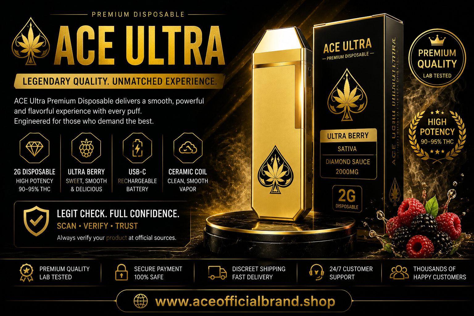 ACE Ultra 2G gold disposable device with berry-themed presentation