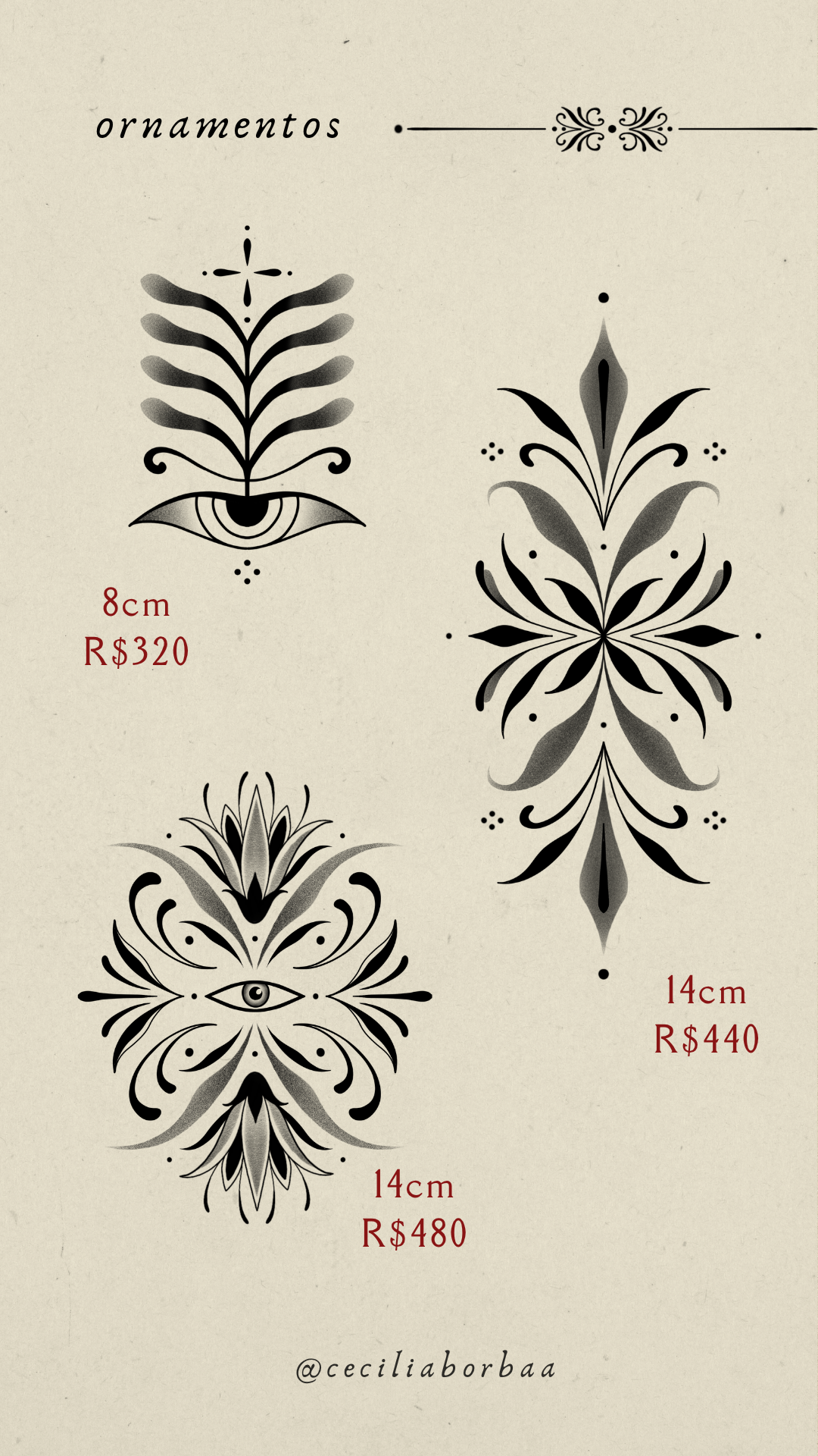 Três ornamentos variados: um com olho, dois maiores — Ornamentos por Cecília Borba