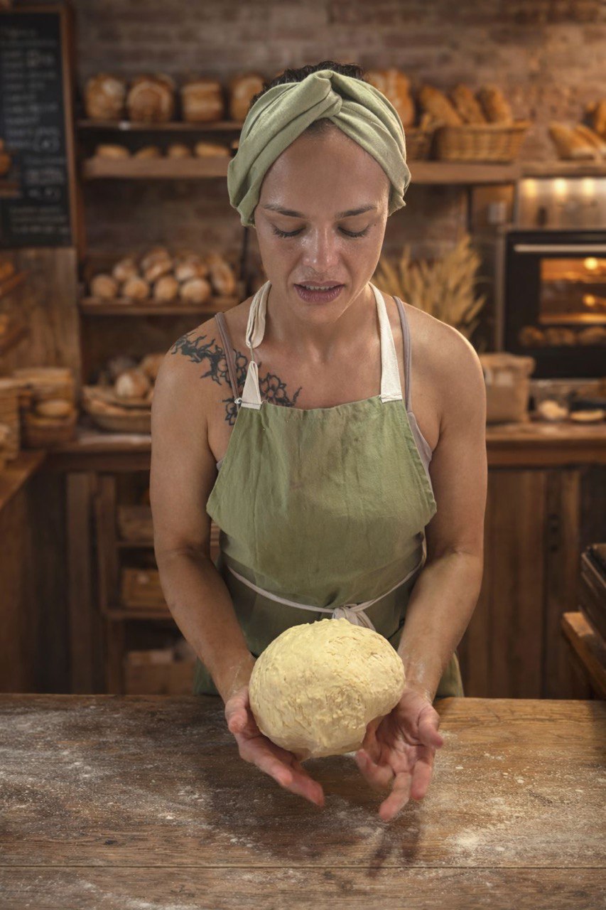 Jeniffer Ribas segurando massa artesanal na padaria FERMENTA