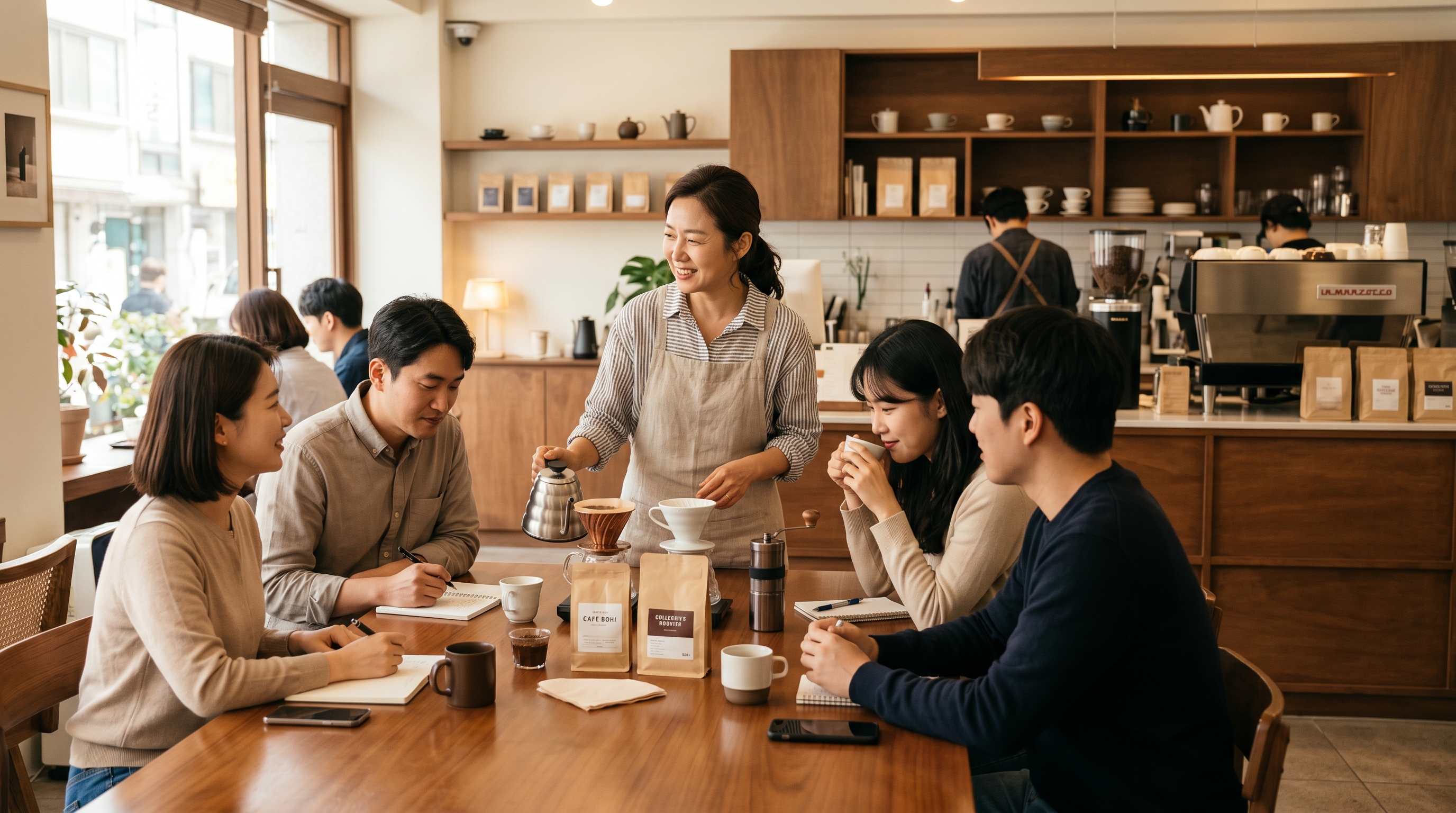 케이빈 커피 클래스 — 사람들이 함께 배우고 이야기하는 따뜻한 장면