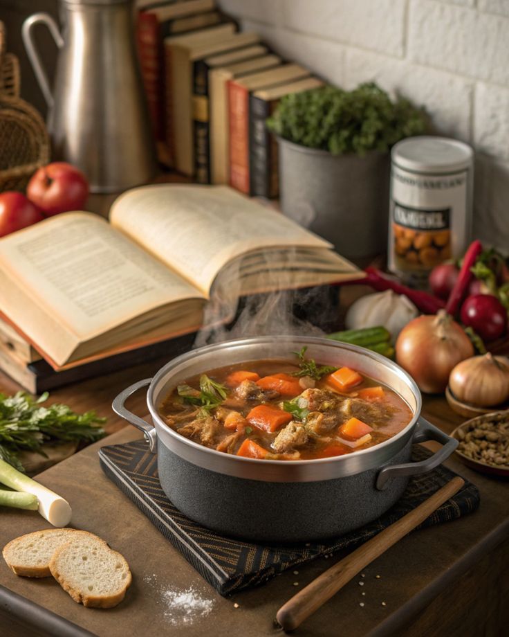 Homemade healthy stew with cookbook and fresh ingredients