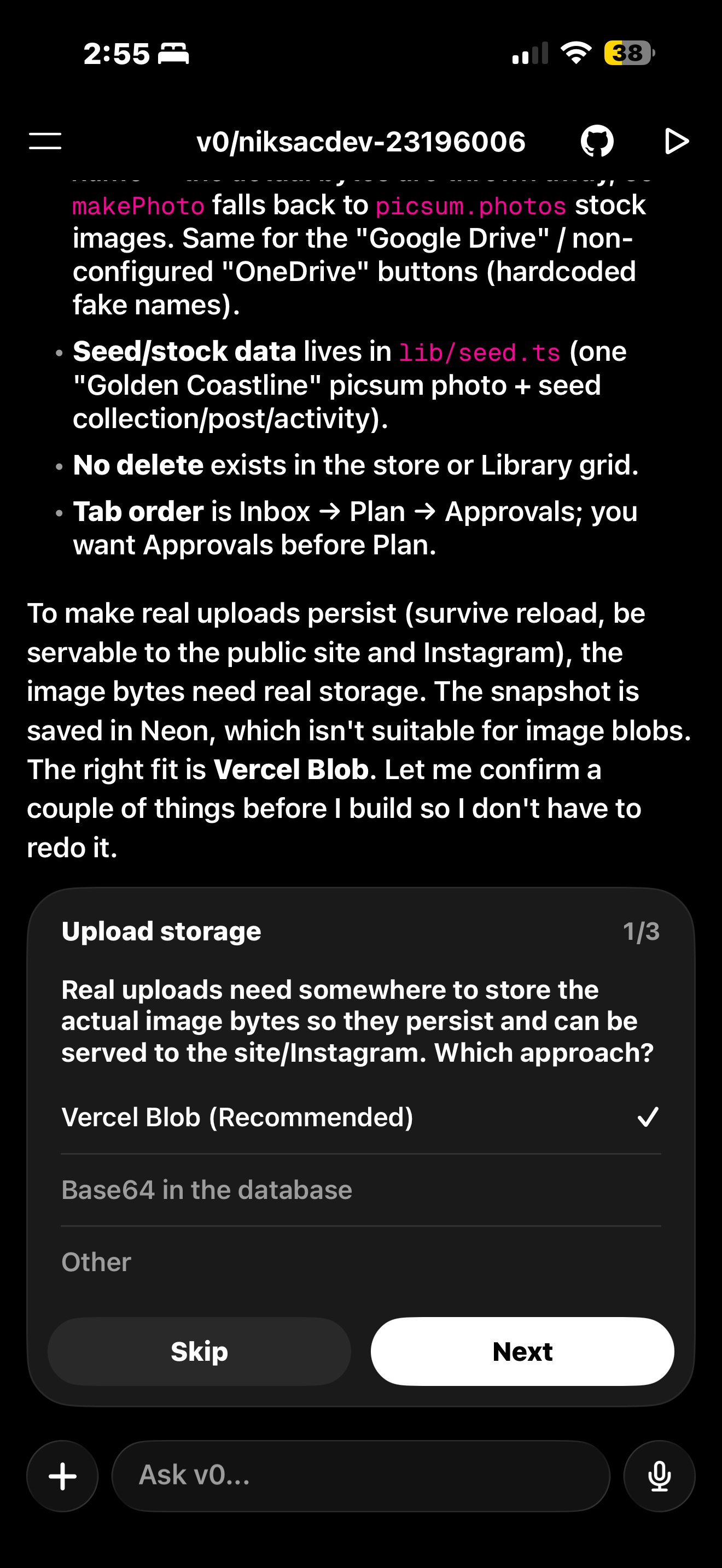 v0 mobile chat showing a multi-choice storage decision card with Vercel Blob marked as Recommended