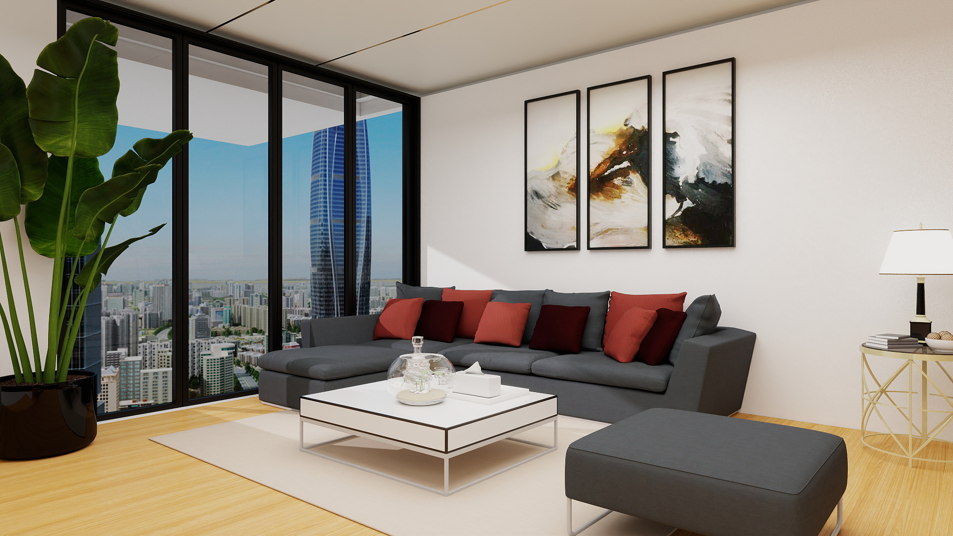Modern living room with city views