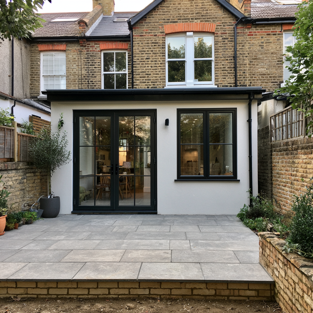 4m rendered extension with Crittall-style doors in Hertfordshire