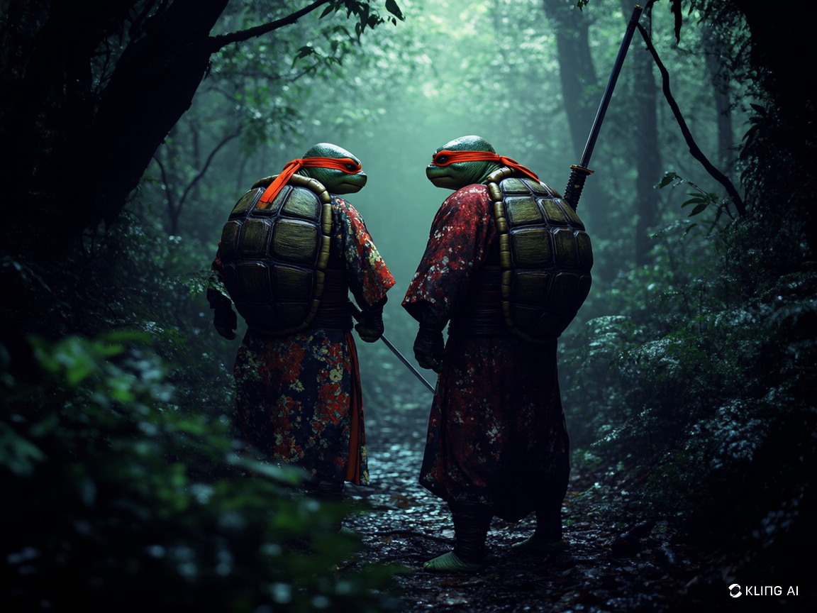 Two ninja turtles in a mystical forest