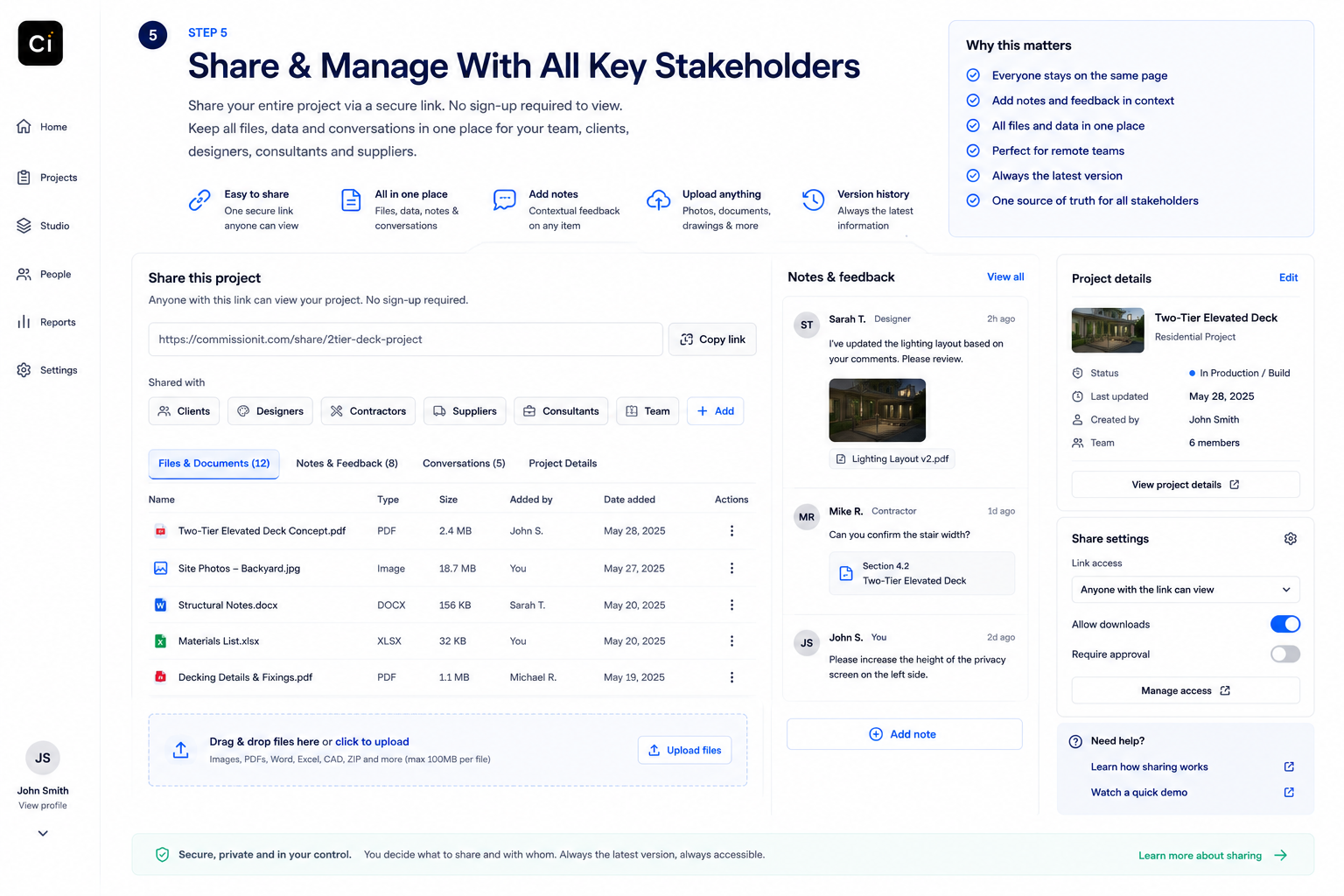 Share and Manage With All Key Stakeholders — secure project sharing with files and notes