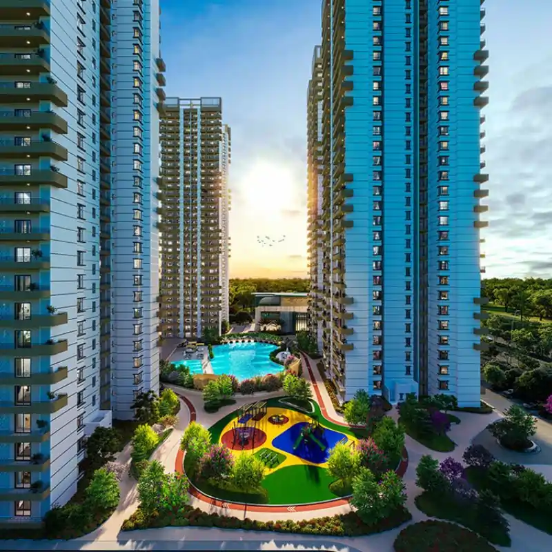 Wave Eden aerial view with pool, playground, and surrounding greenery