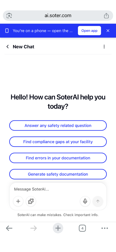 SoterAI in mobile browser showing the blue install banner