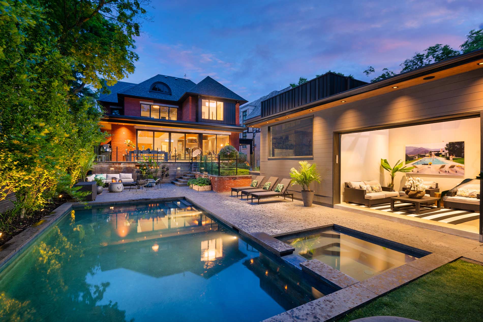 Luxury backyard with pool at twilight