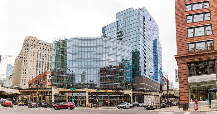 Modern glass building exterior in River North