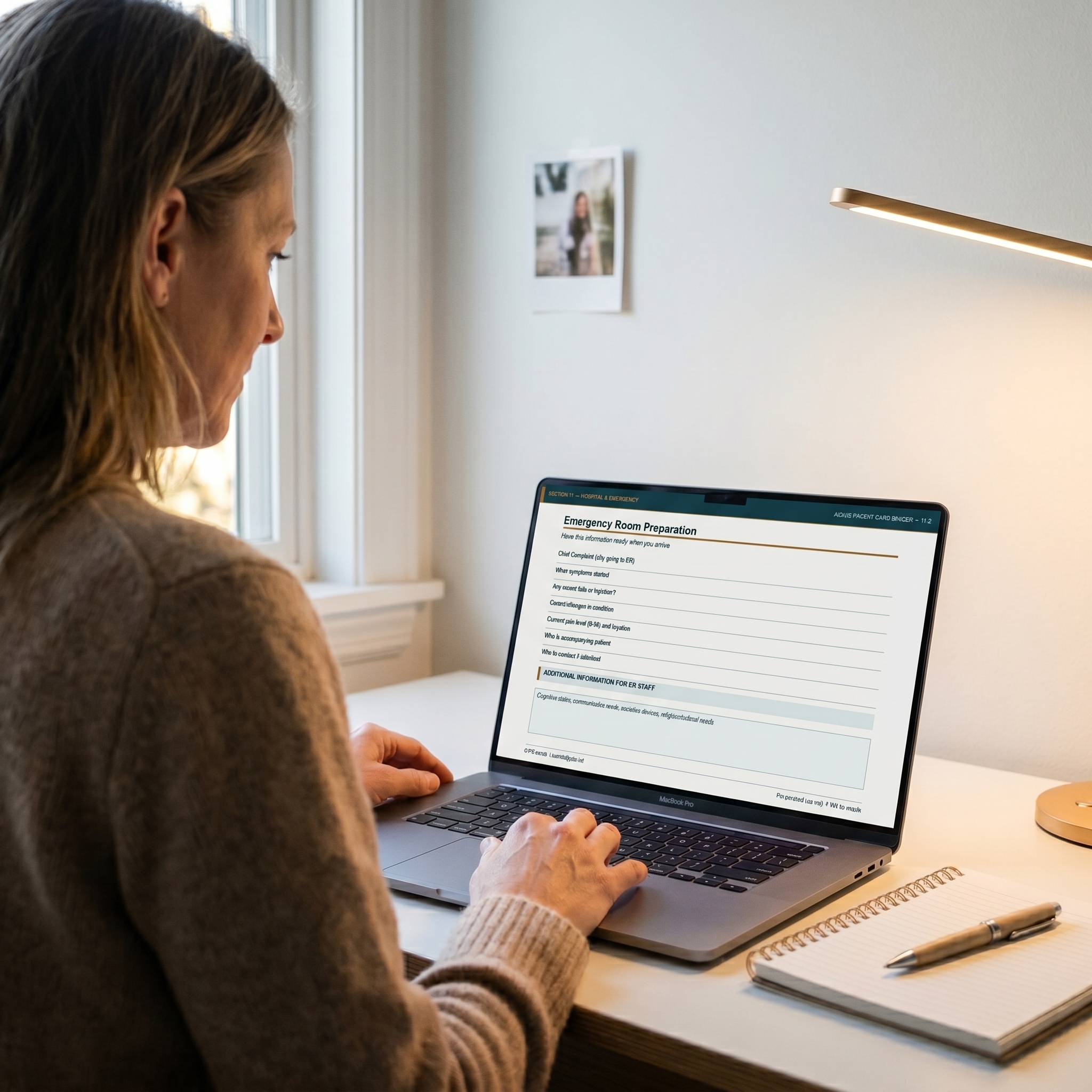 Woman at laptop reviewing Emergency Room Preparation form from the care binder