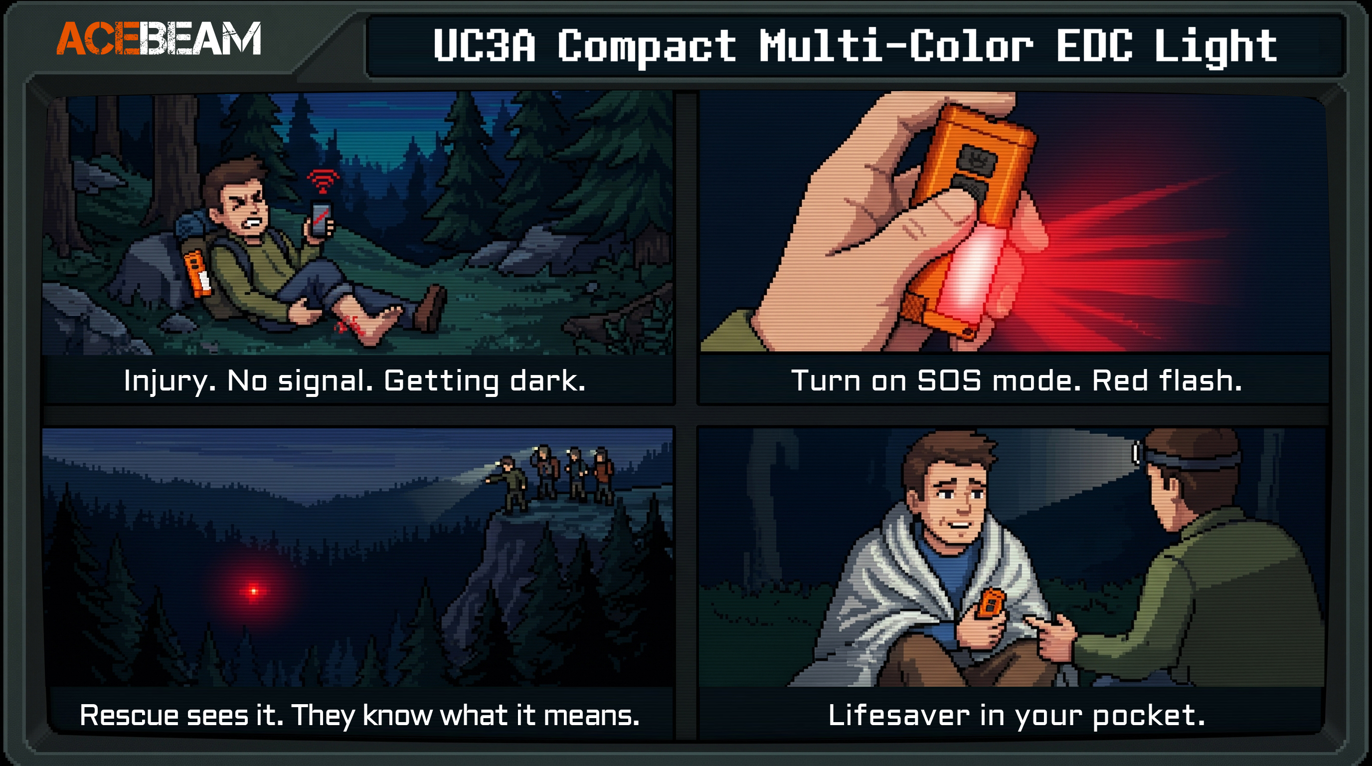 Emergency SOS mode - red flash for rescue, lifesaver in your pocket