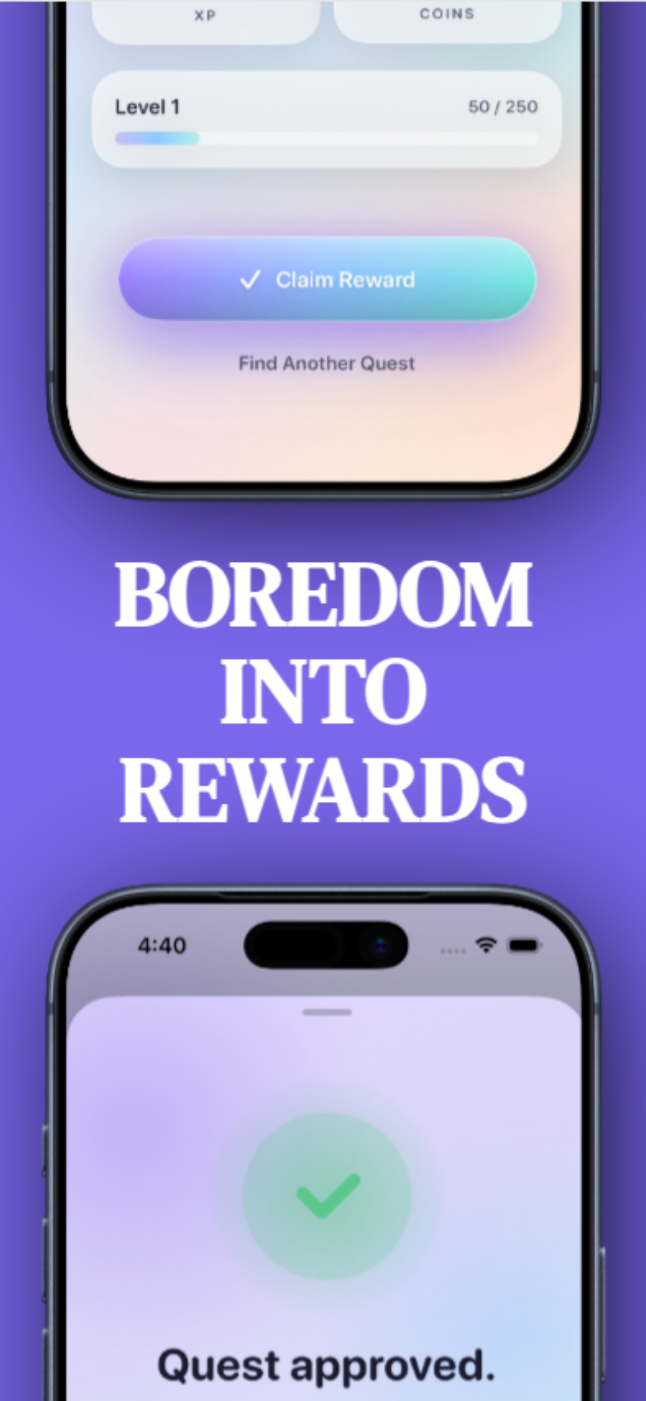 Rewards system showing XP, coins, and level progress