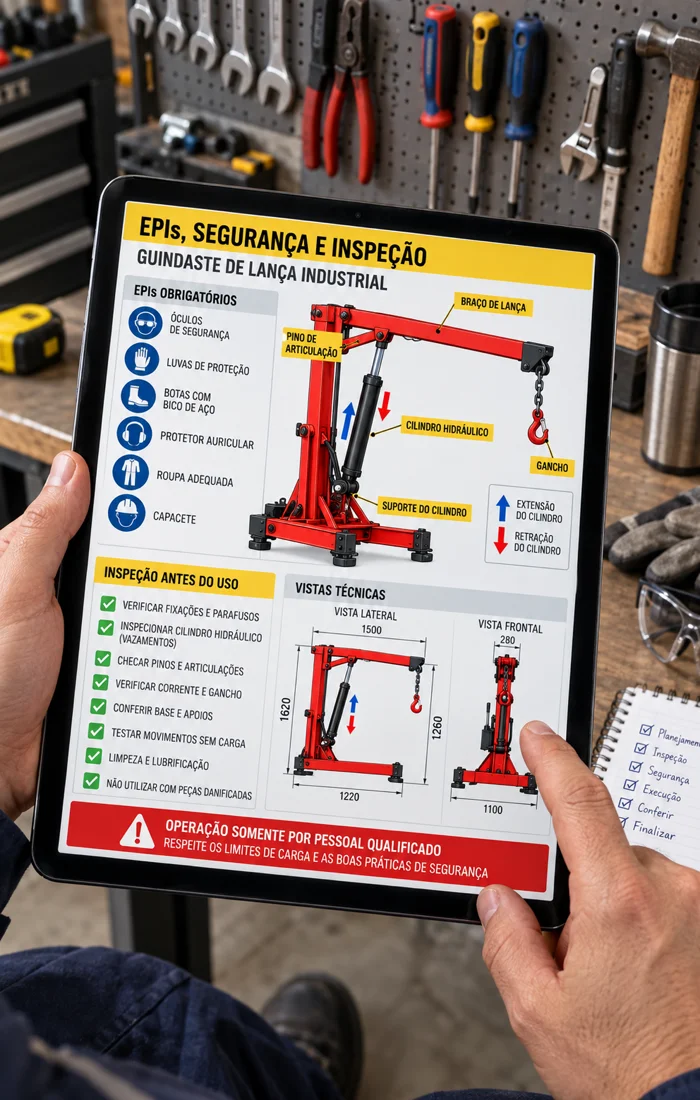 Tablet com EPIs, segurança e inspeção do guindaste
