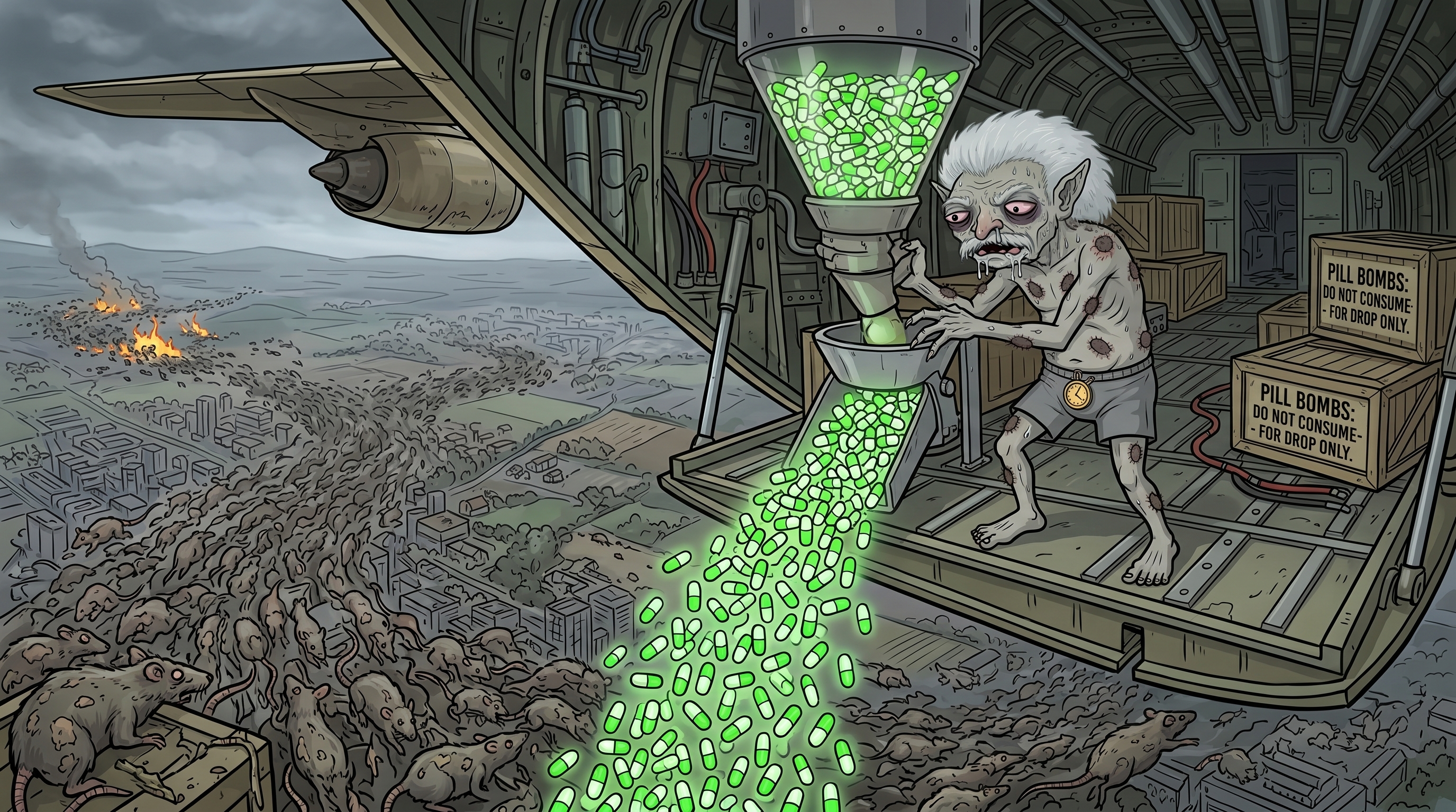 Goblin dropping pills from plane