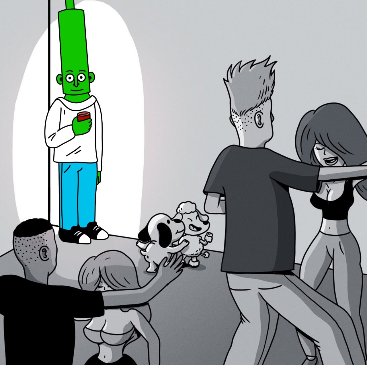 Fred standing alone in spotlight at a party while others are grayscale