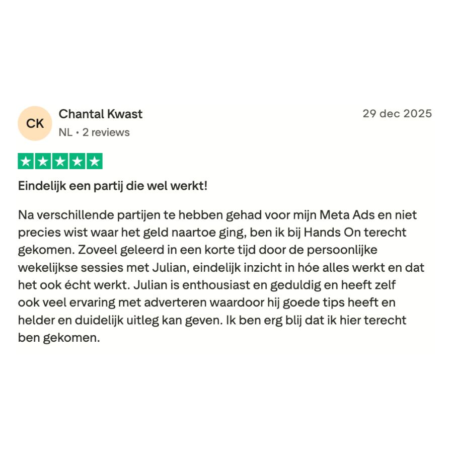 Trustpilot review van Chantal Kwast - Eindelijk een partij die wel werkt