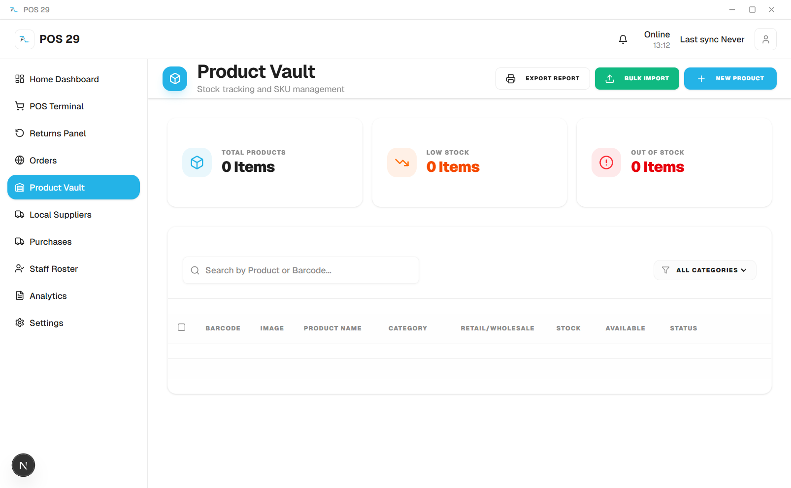 Product Vault showing inventory list with barcode, category, retail/wholesale price, stock and status columns
