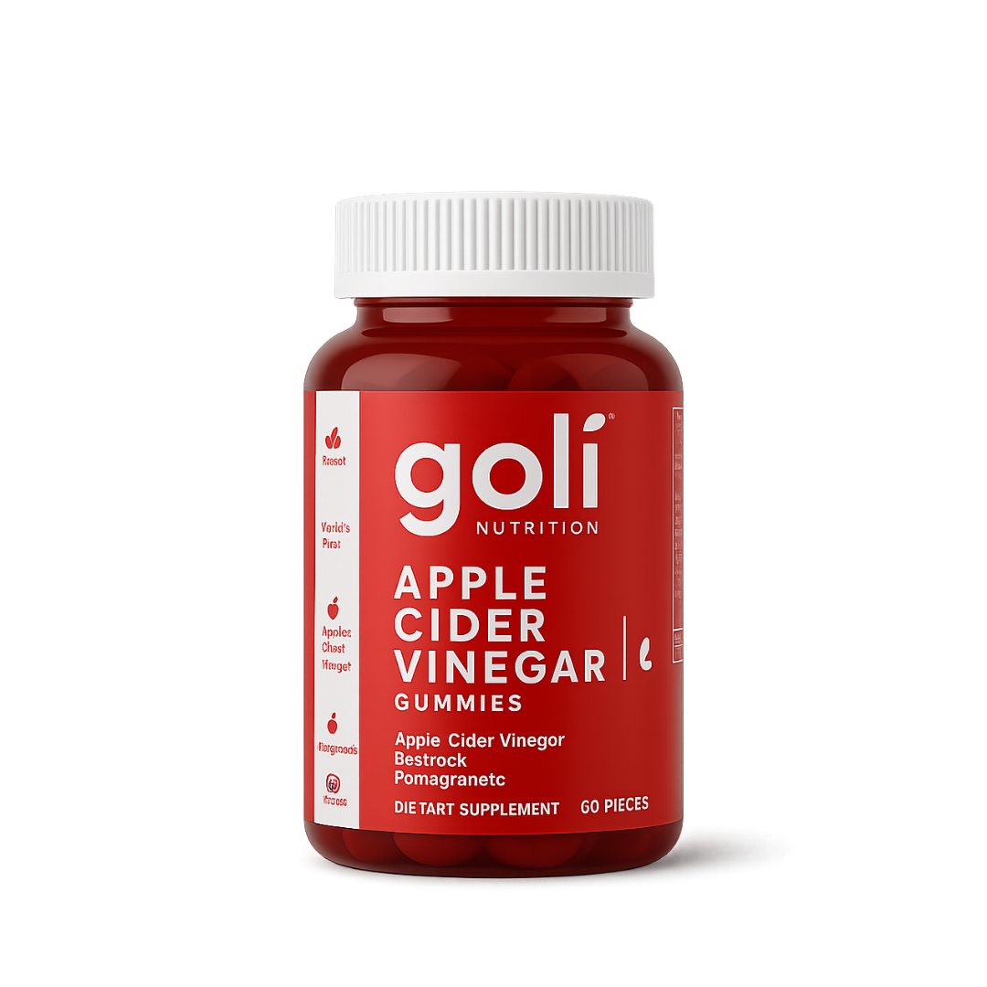Goli apple cider vinegar gummies bottle rendered in oxide red with crisp label