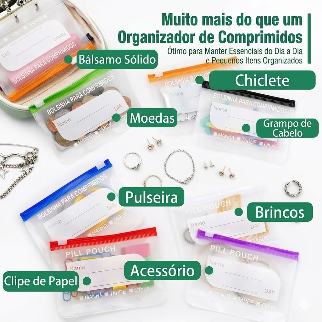 Sachês transparentes coloridos para identificar remédios facilmente