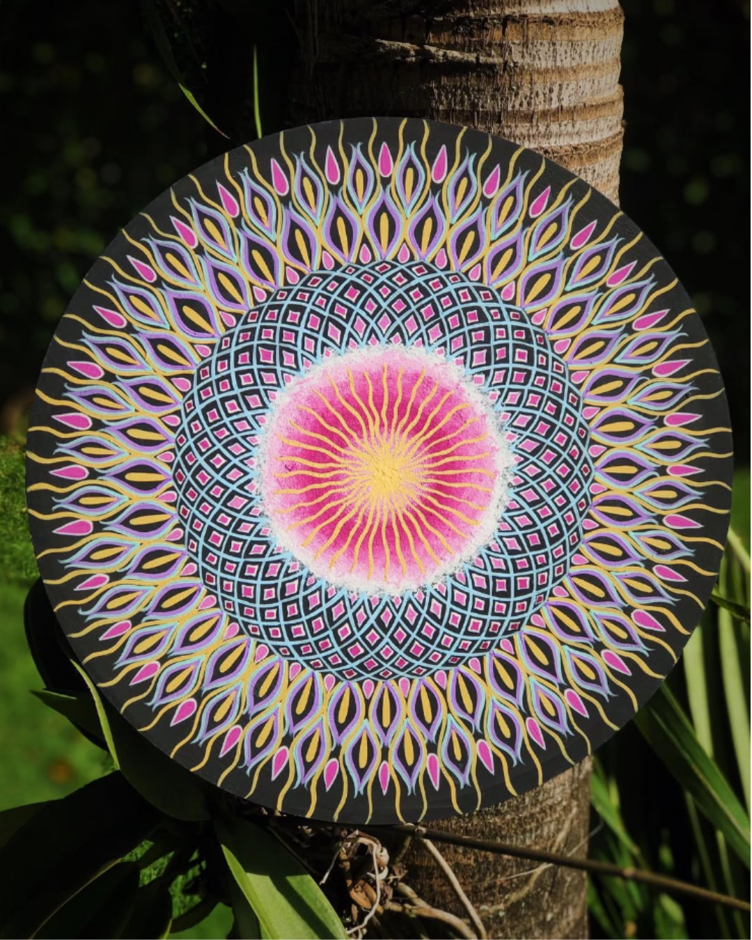 Mandala circular preta com pétalas em rosa magenta, lilás e amarelo apoiada em tronco de palmeira
