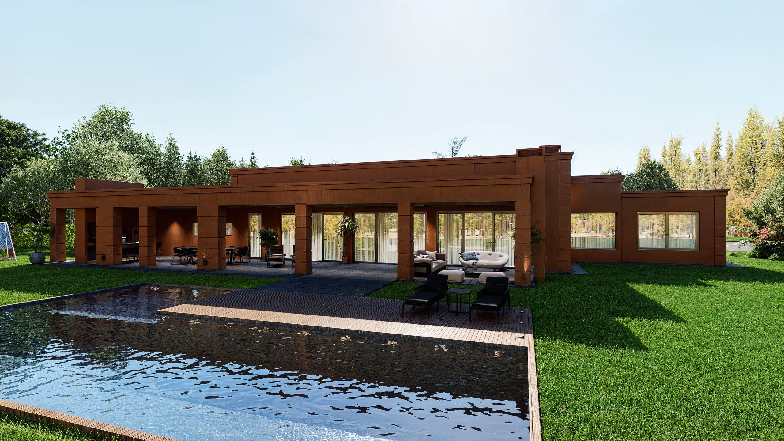 Contrafrente con pileta, deck de madera y galería con columnas de corten