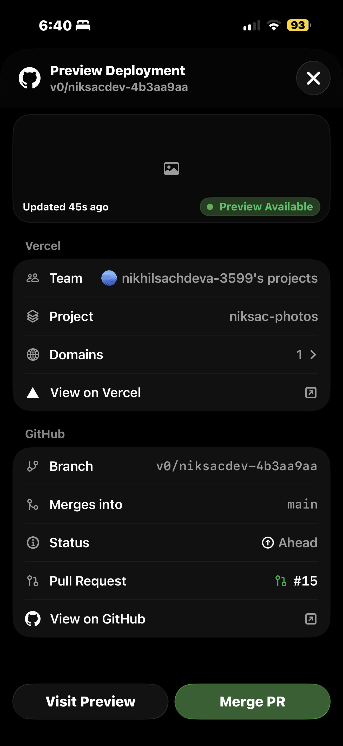 Vercel GitHub mobile app showing preview deployment metadata — Team, Project, Branch, PR — with Merge PR button