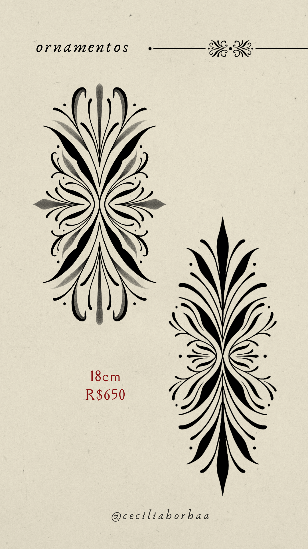 Dois ornamentos verticais com padrão ornamental — Ornamentos por Cecília Borba