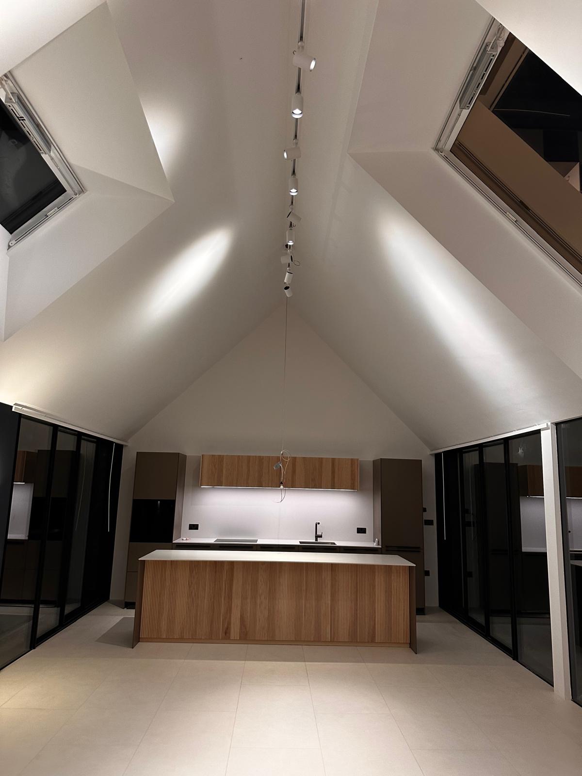 Pool house kitchen with vaulted ceiling and skylights