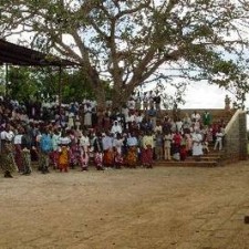 Große Gemeindeversammlung unter einem Baum auf dem Missionsgelände
