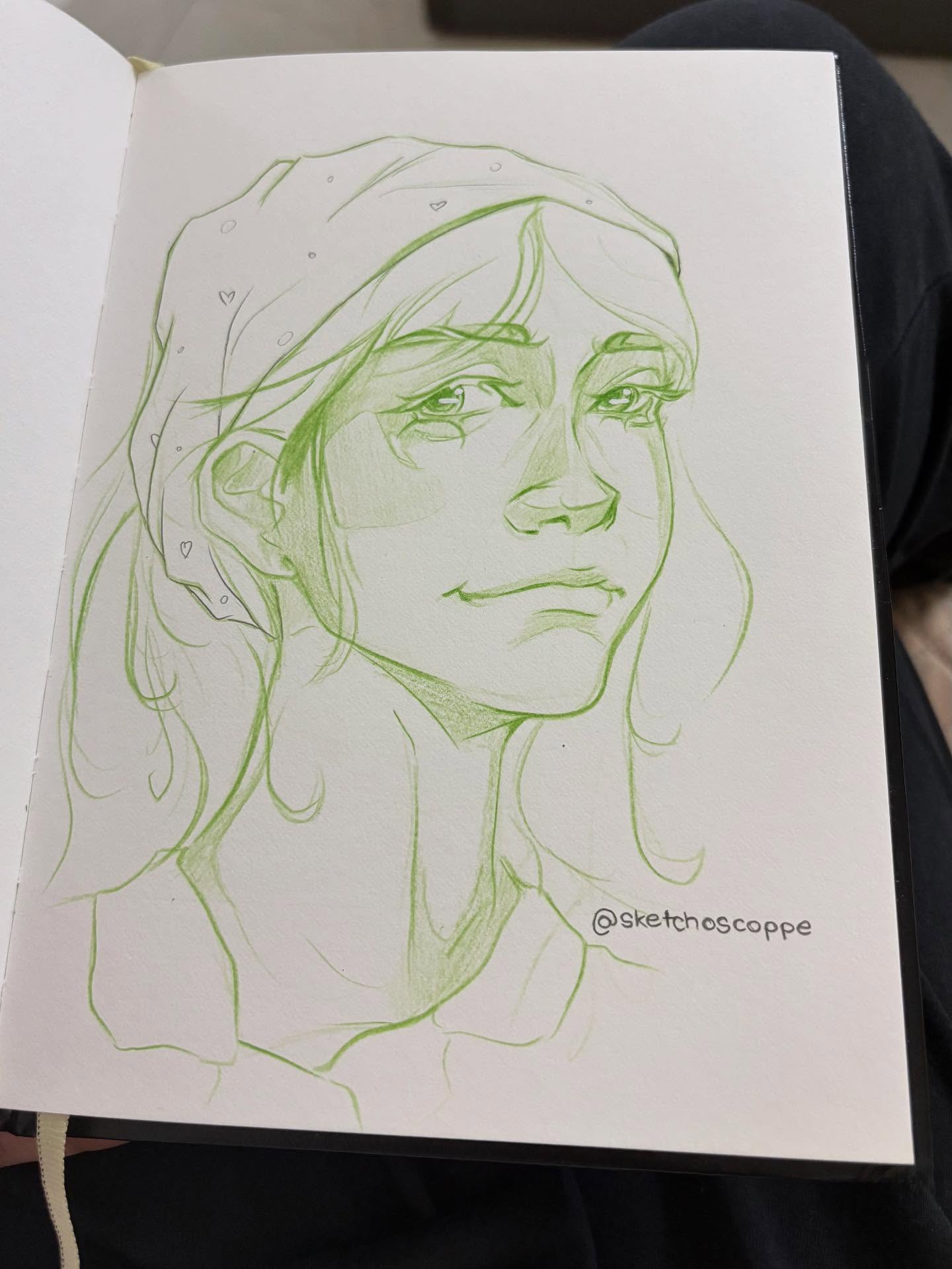 Green colored pencil sketch, bandana girl looking up