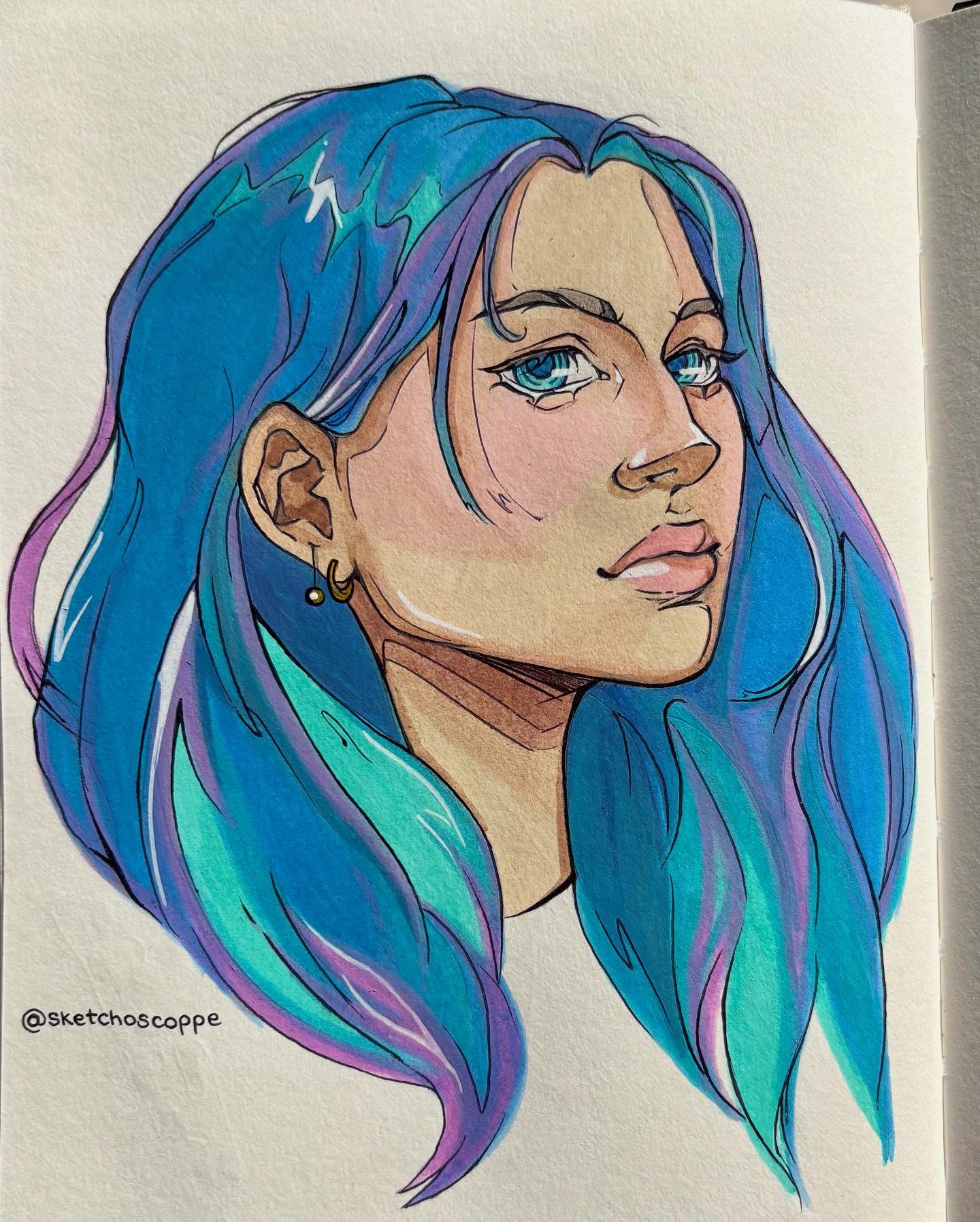 Marker portrait with blue and purple ombre hair