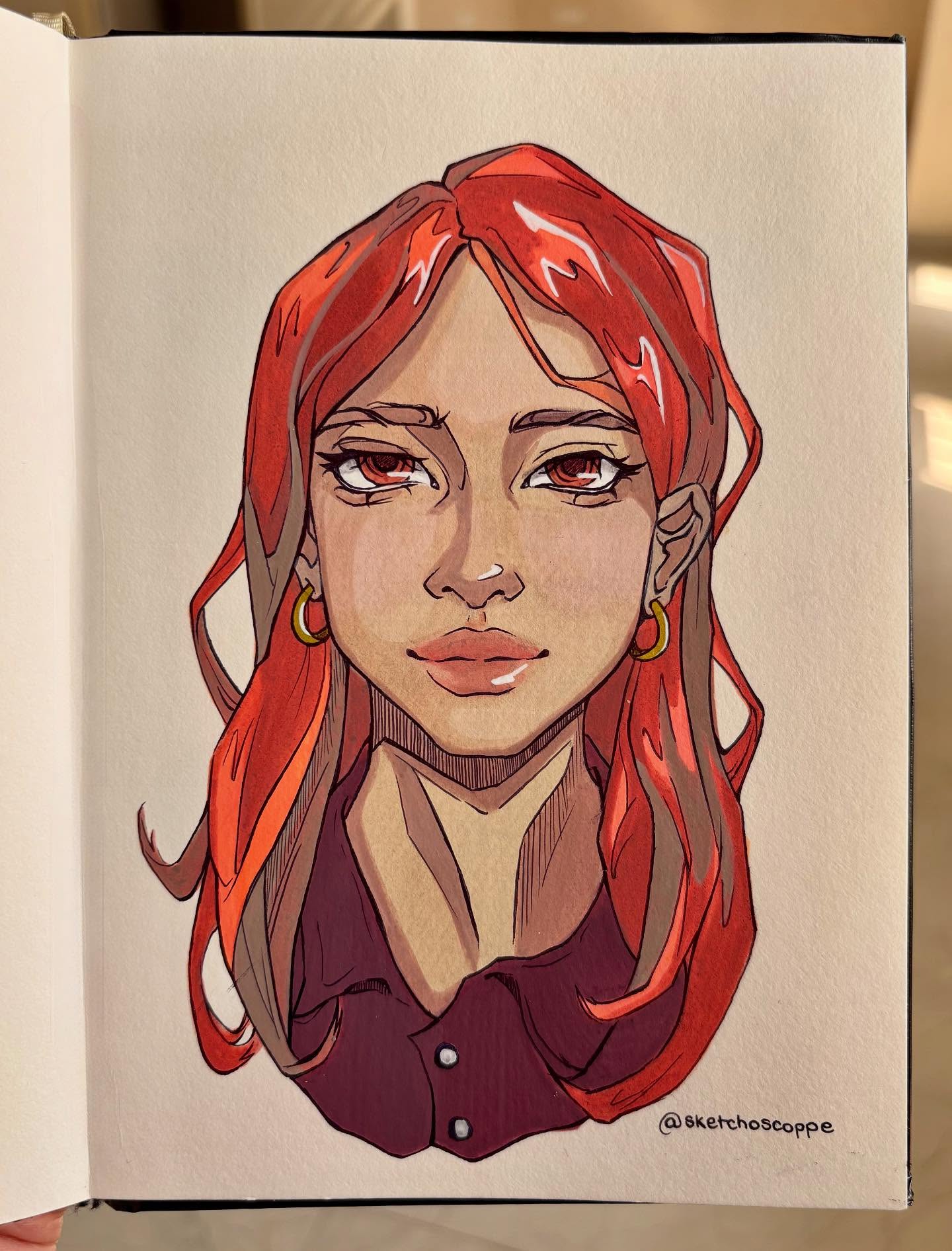 Marker portrait with red-orange hair, flat sketchbook view