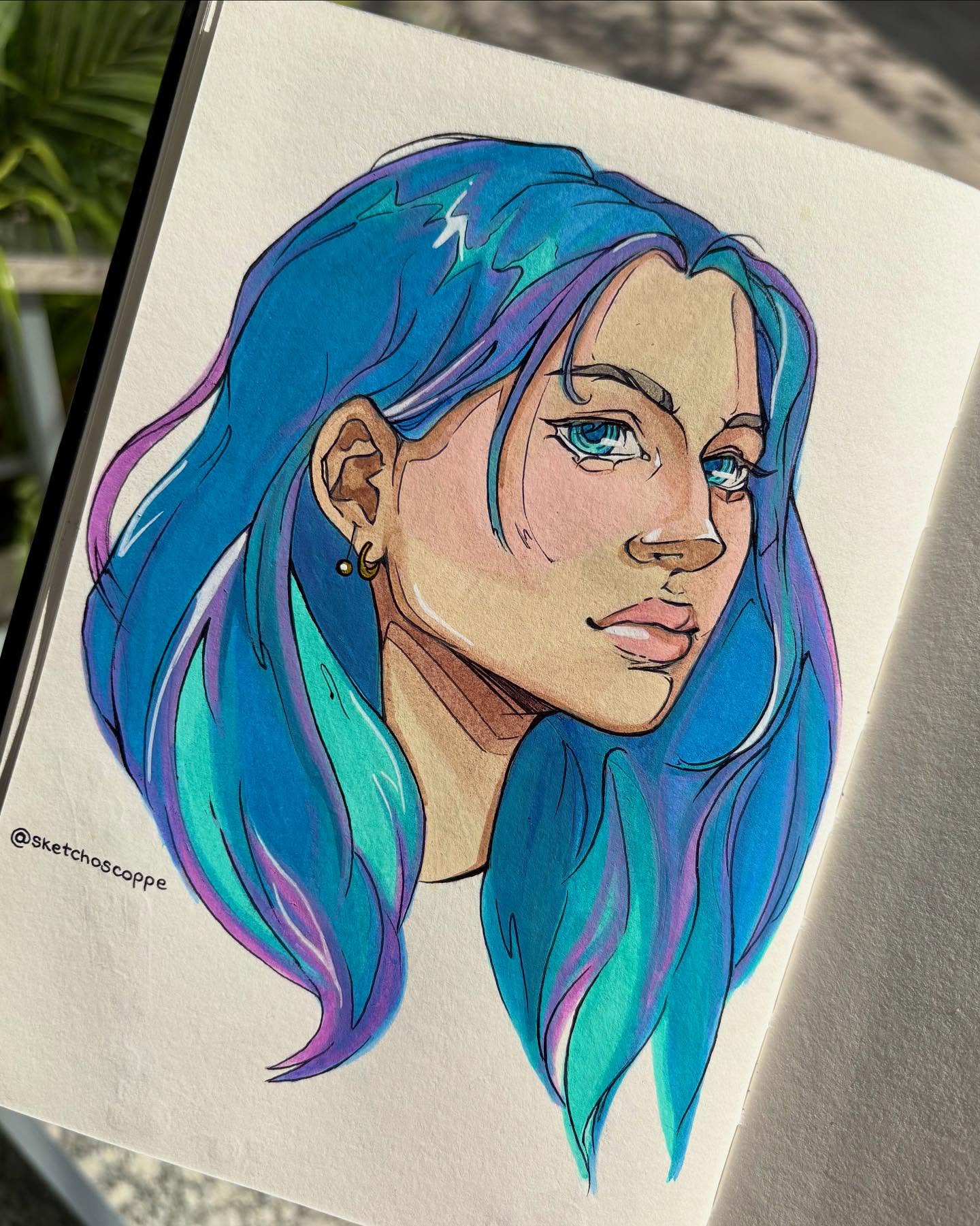 Marker portrait with blue and teal hair