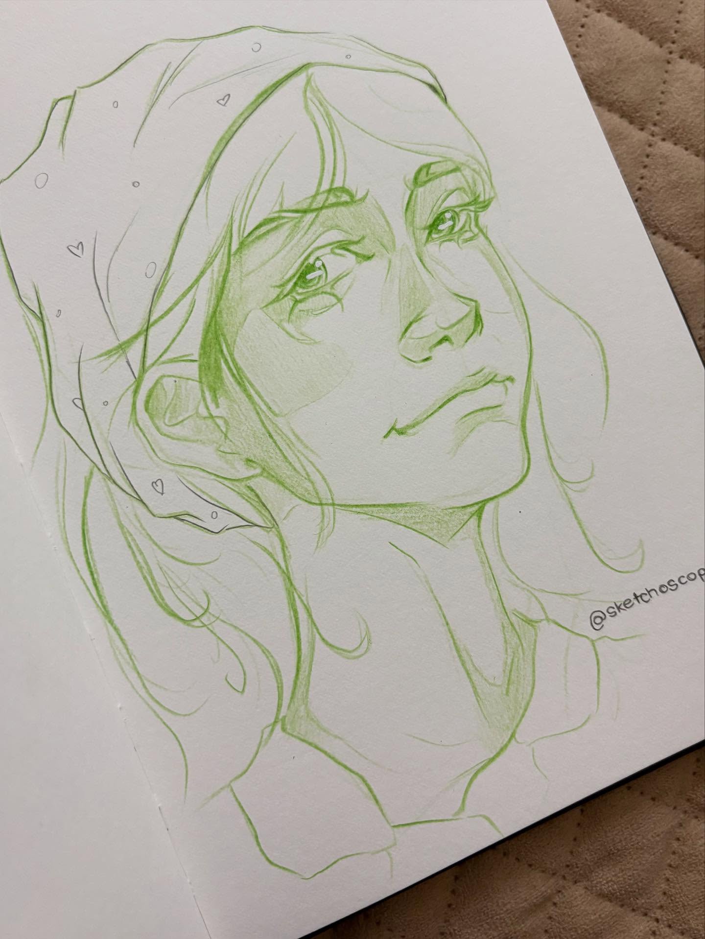 Green colored pencil sketch, upward angle