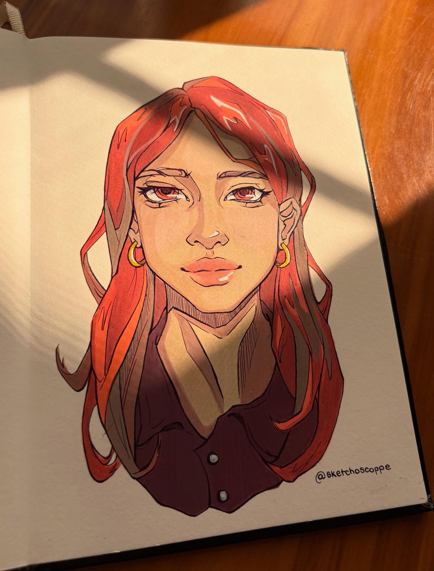 Marker portrait with red-orange hair and gold hoop earrings