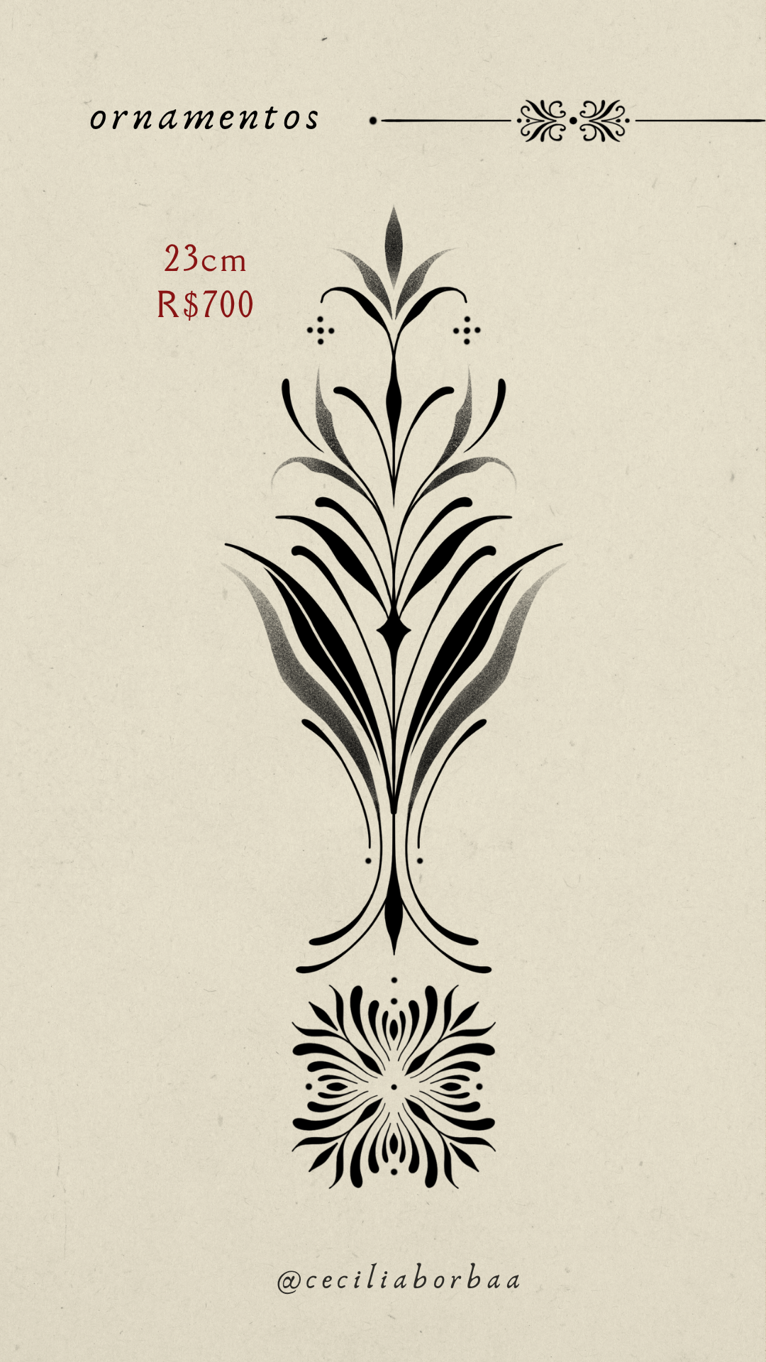 Ornamento vertical longo com flores e padrão ornamental — Ornamentos por Cecília Borba