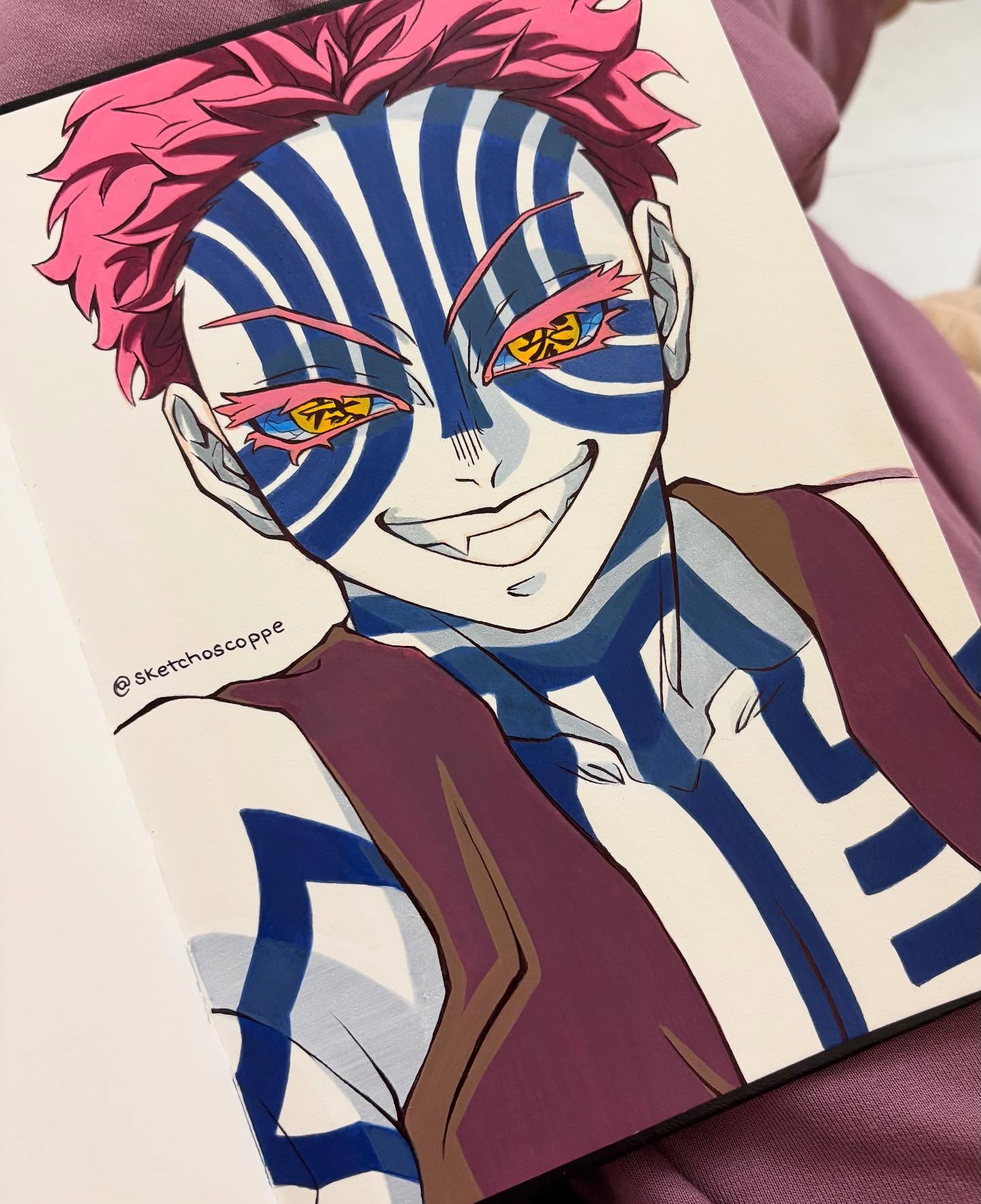 Marker illustration of Akaza from Demon Slayer