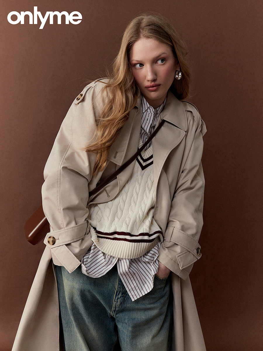 Onlyme fashion editorial — trench coat and layered knitwear