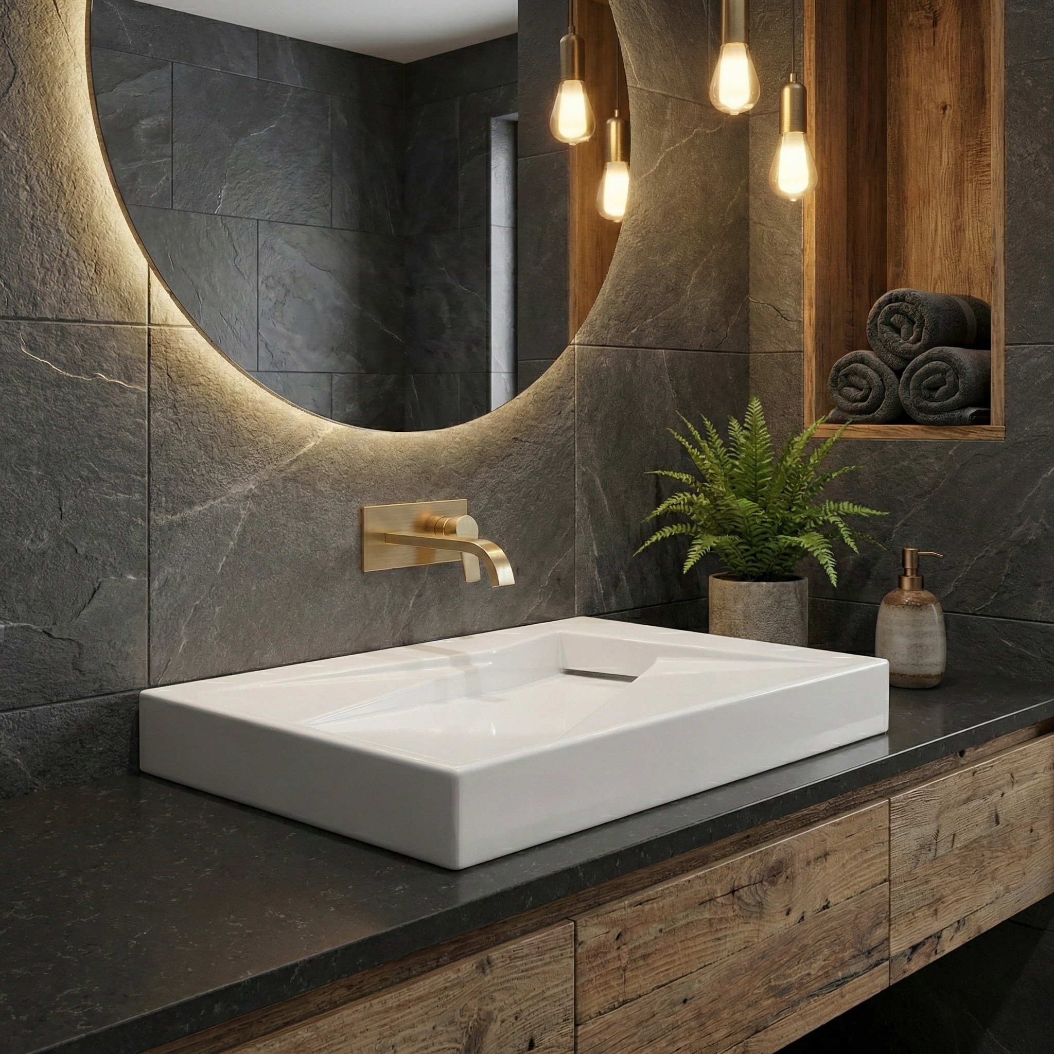 FORME PURE - Vasque blanche rectangulaire sur comptoir sombre avec miroir rétroéclairé