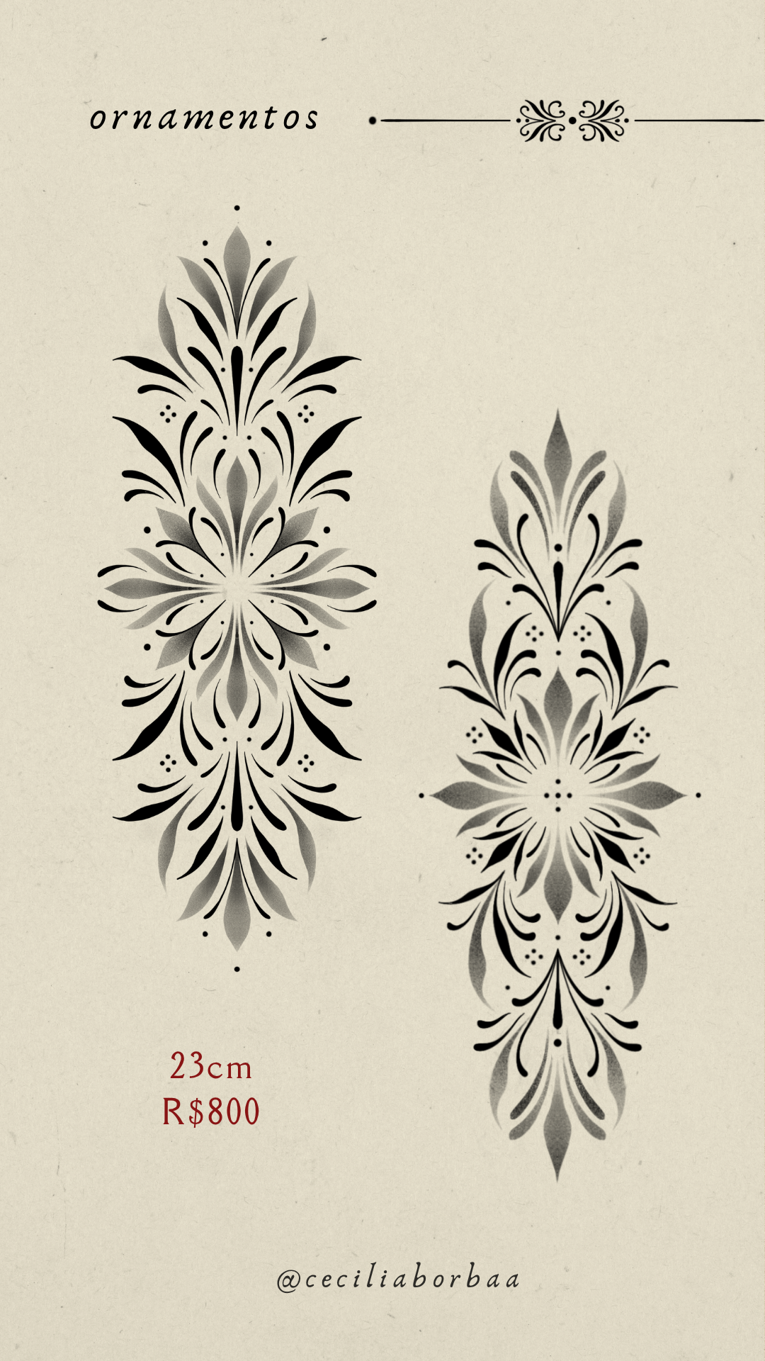 Dois ornamentos verticais com padrão floral ornamental — Ornamentos por Cecília Borba