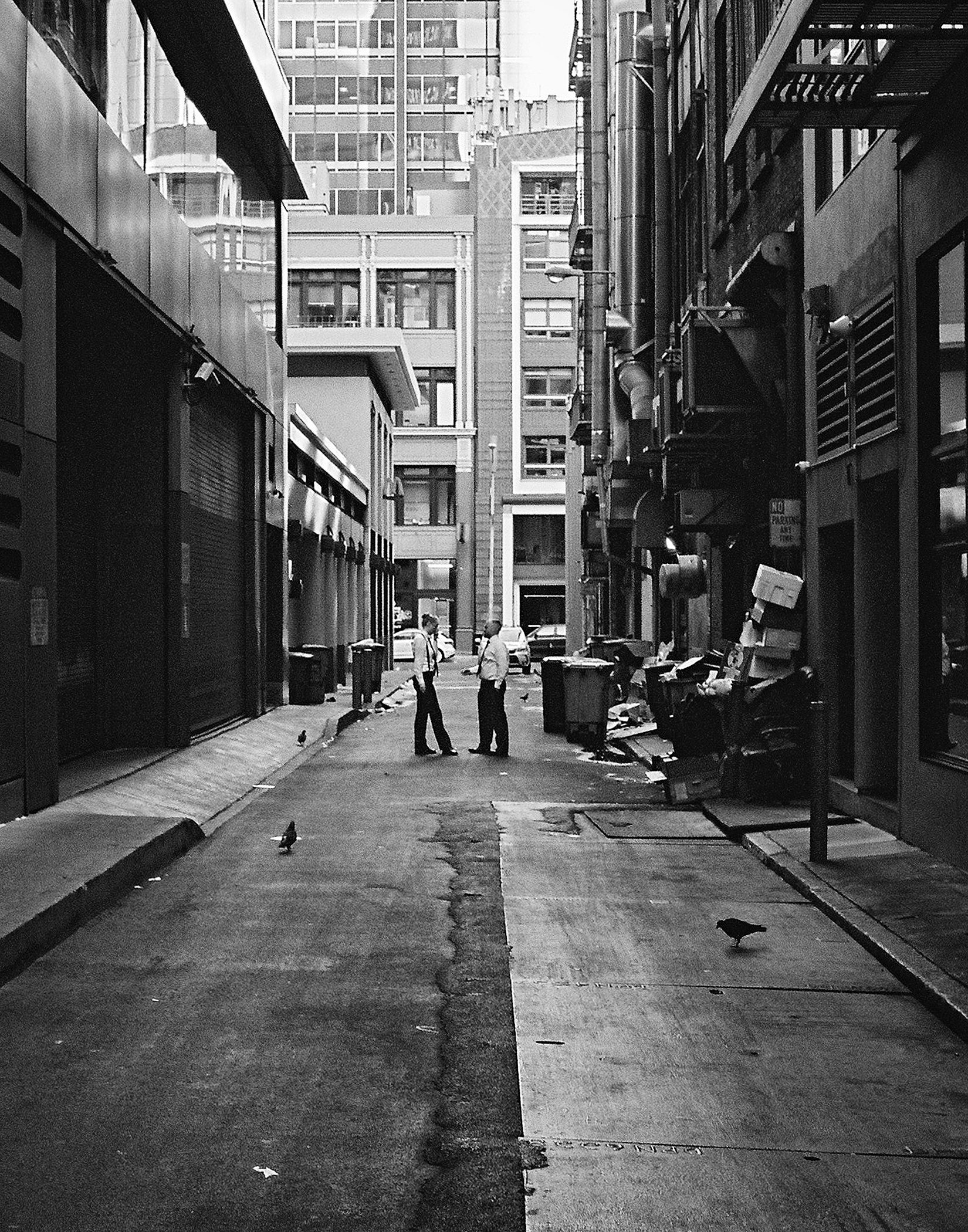 Urban alley with two people conversing in distance pigeons on ground tall buildings visible in background classic street photography