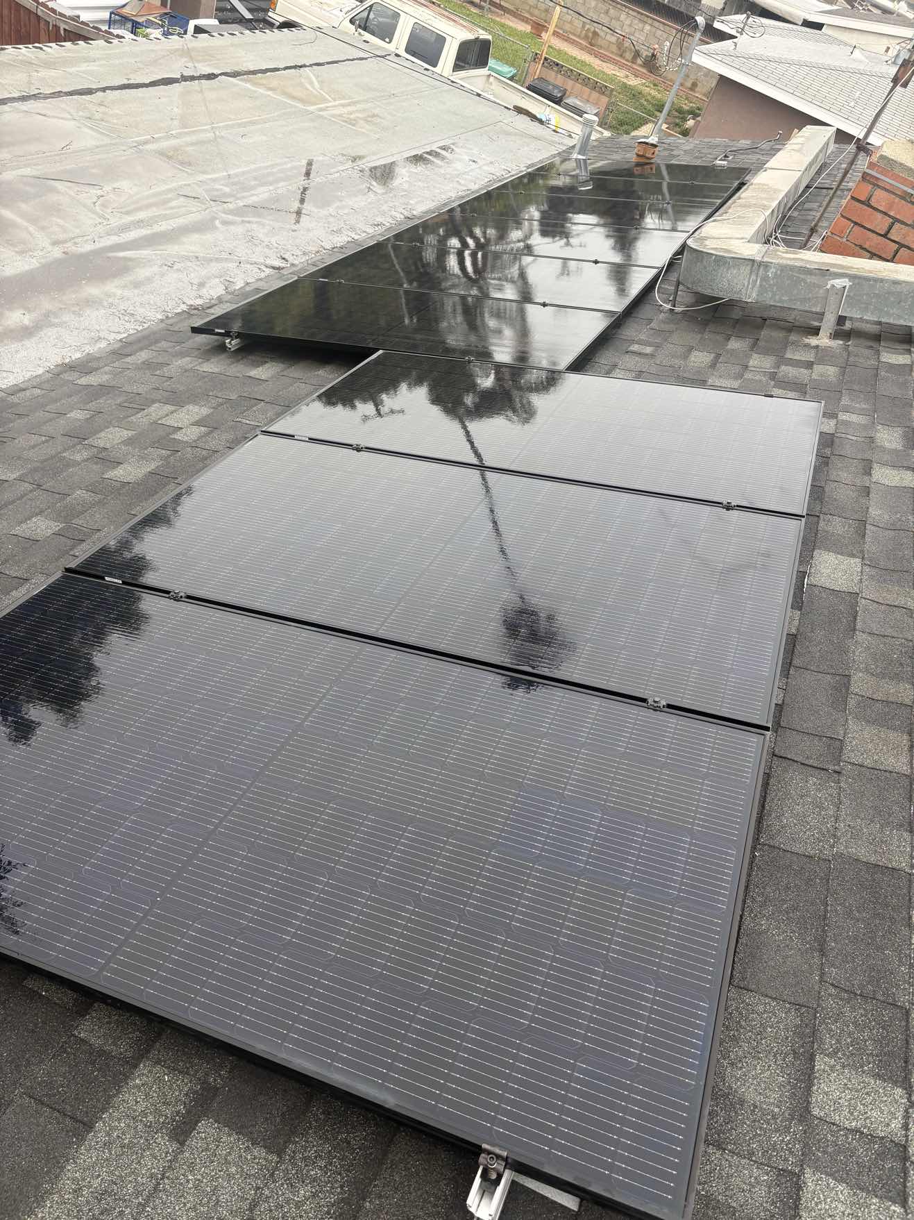Freshly cleaned solar panels with reflections
