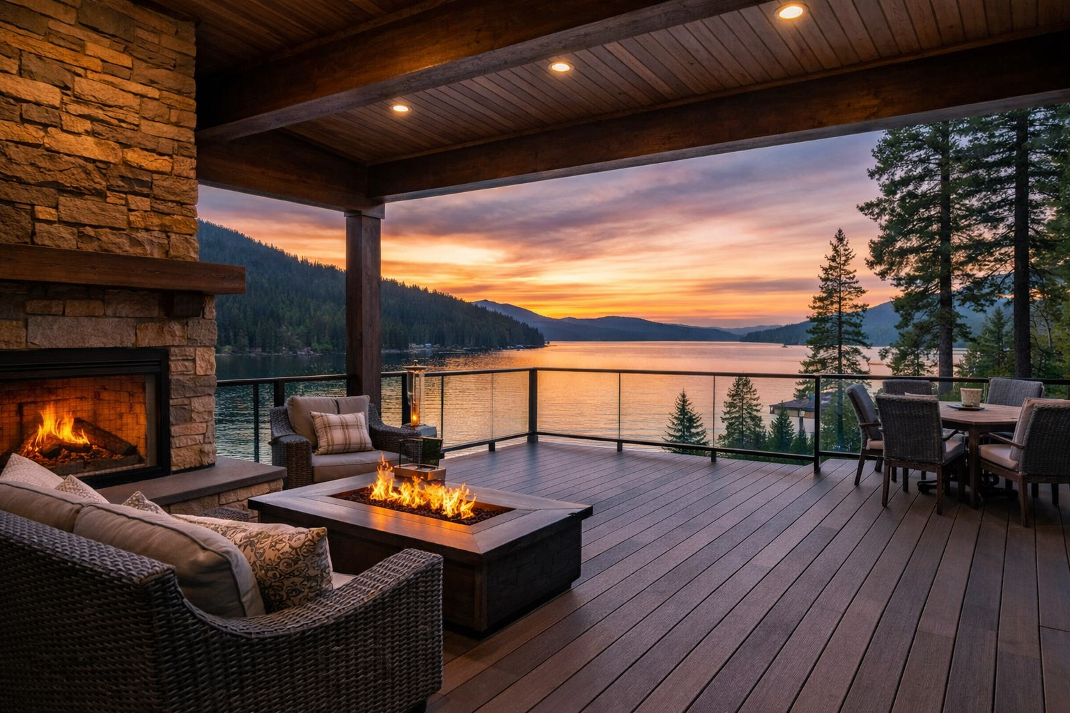 Luxury covered deck with stone fireplace, fire pit, and sunset lake views
