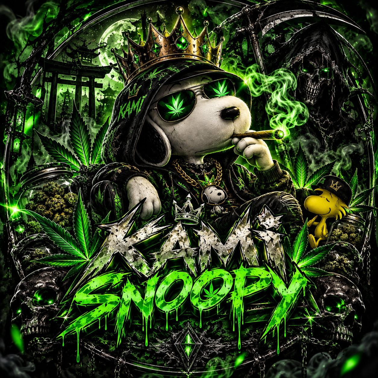 KAMI Snoopy: a crowned Snoopy in sunglasses, with a hooded reaper and vivid green-and-gold artwork.