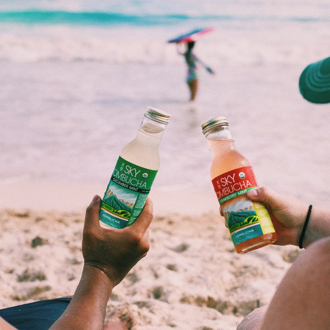 Beach cheers with bottles