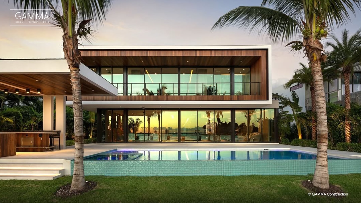 Luxury home with pool at sunset