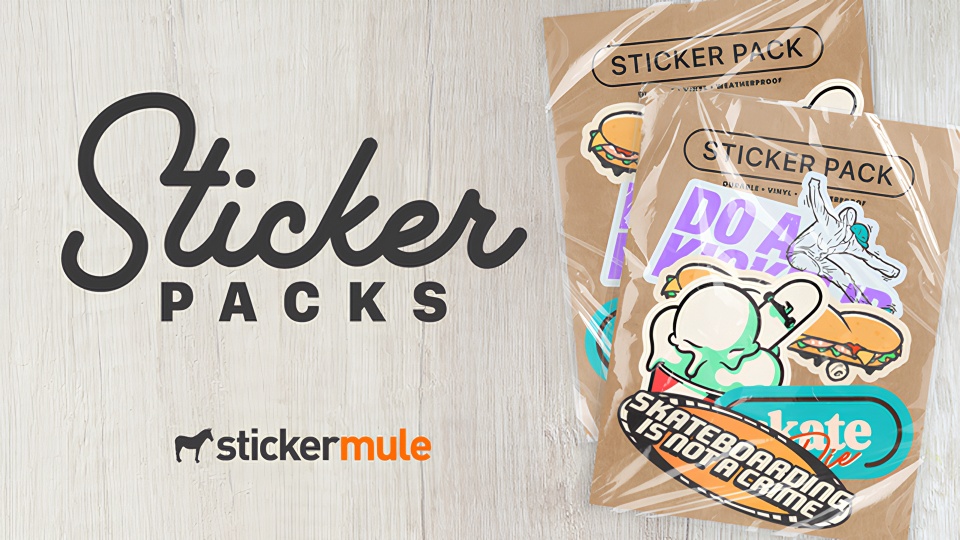 Custom branded sticker packs and packaging — retail-ready sticker pack with burger and kickflip designs