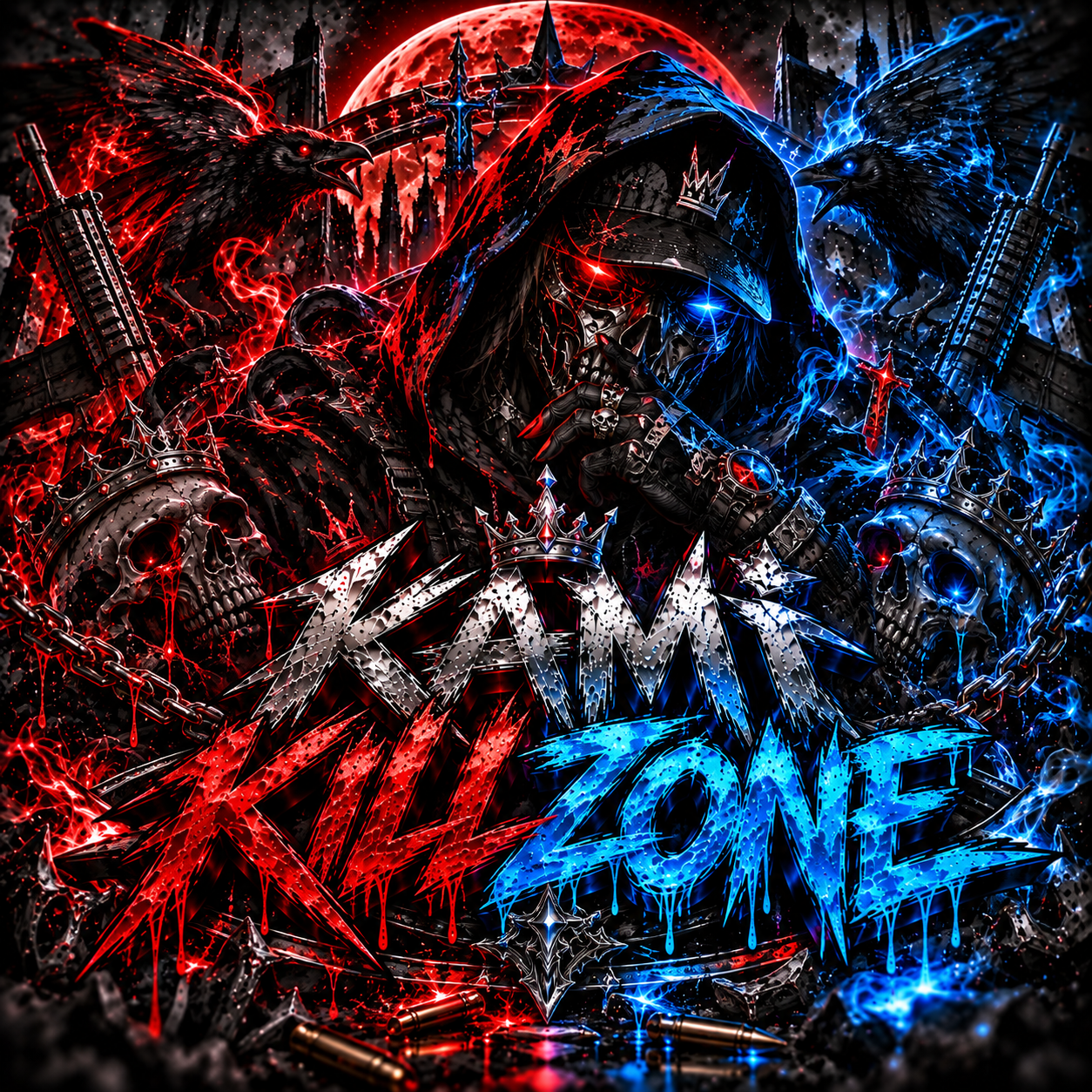 KAMI Killzone: a hooded skull-masked operator flanked by ravens, with split crimson-and-blue lighting.